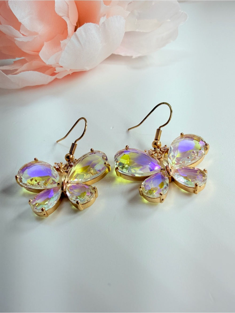 Crystal Butterfly Drop Earrings - Iridescent Gold Tone